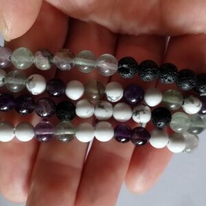 Howlite, Amethyst, Fluorite, & Black Lava Stone Gemstone Bracelets, Handcrafted